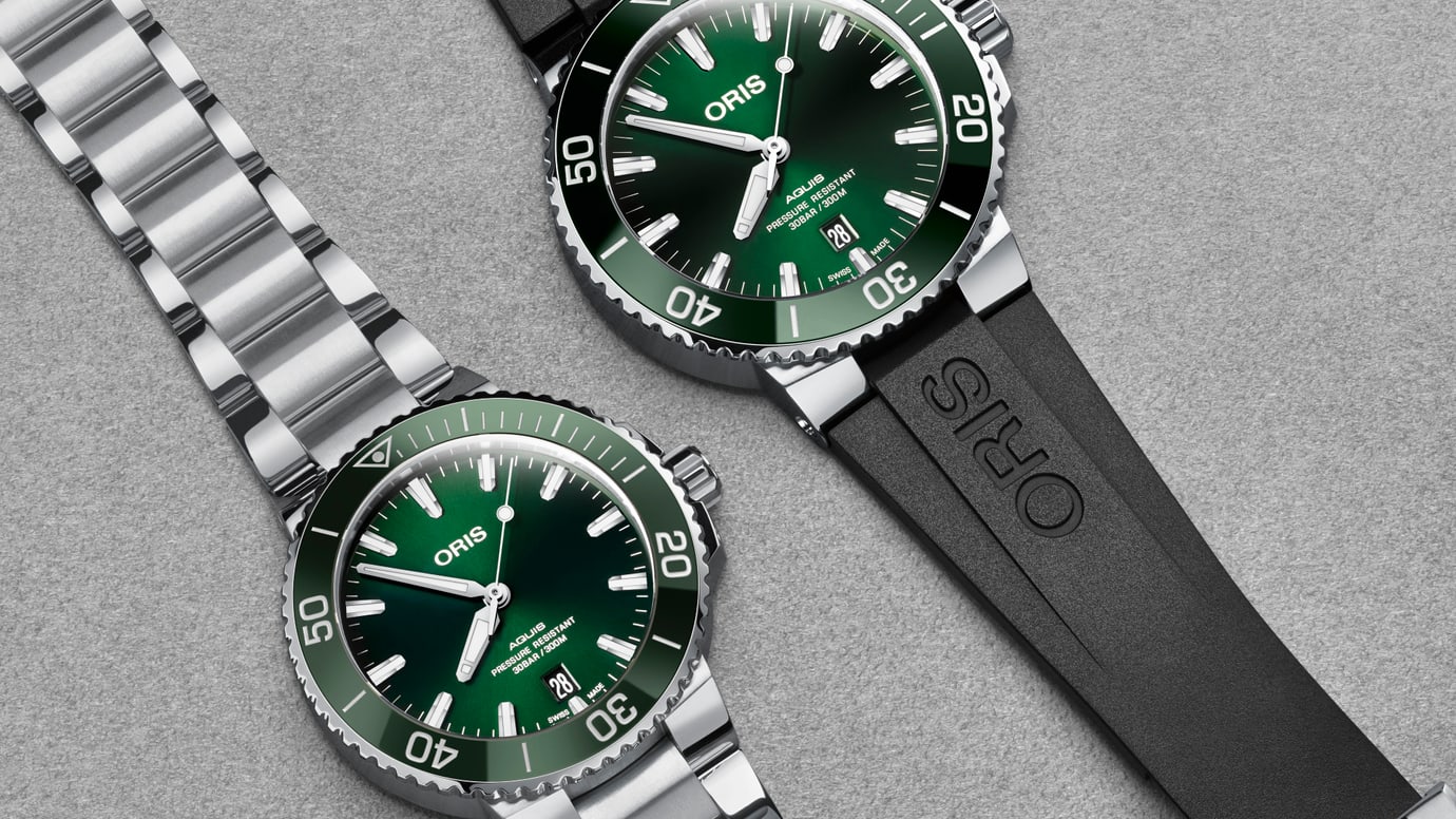 Oris Aquis Date 01 733 7732 4157-07 8 21 05PEB - Orologio Automatico, Quadrante Verde, Cinturino In Acciaio, 300m